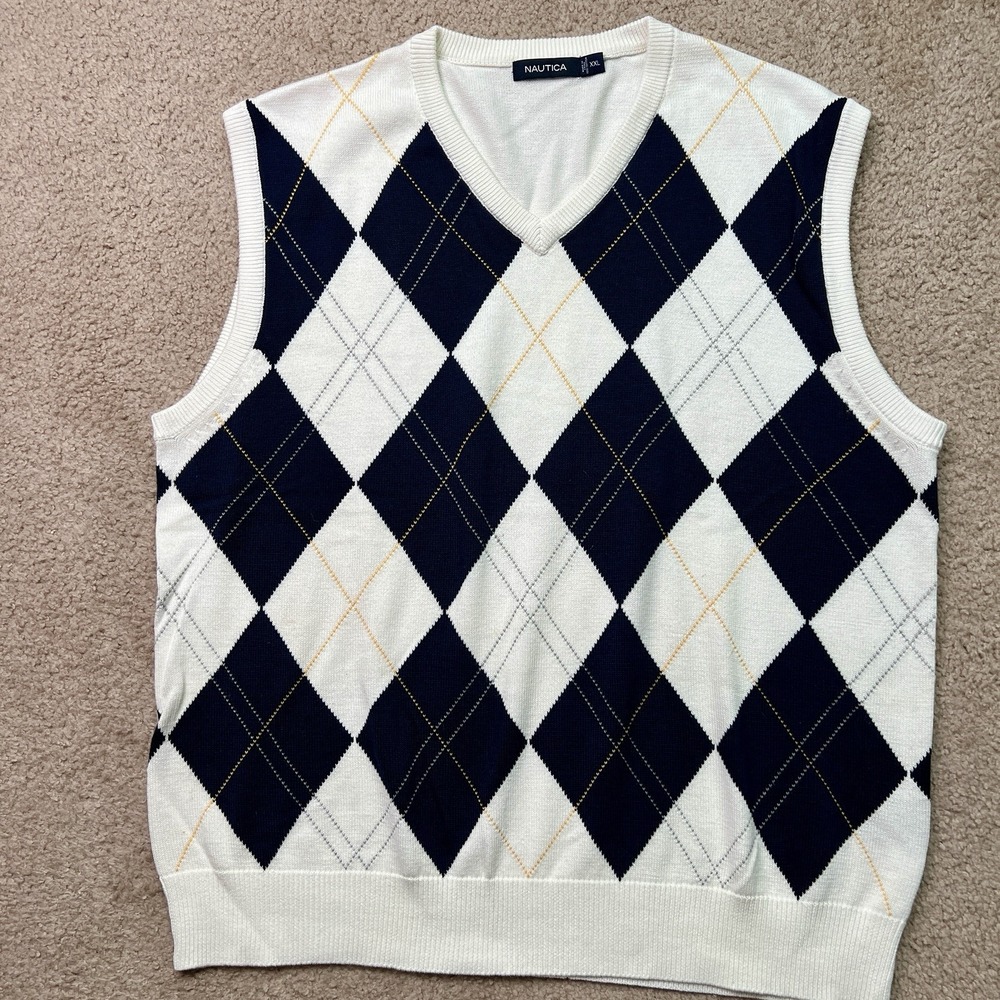 NAUTICA Mens Vest Tank‎ Top XXL Navy Blue White Argyle/Diamond Cotton New